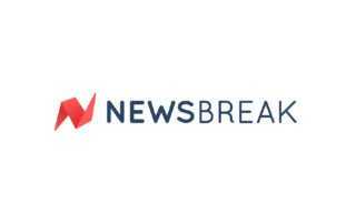 A black and white photo of the logo for newsbreak.
