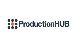 A black and white logo of productionhu