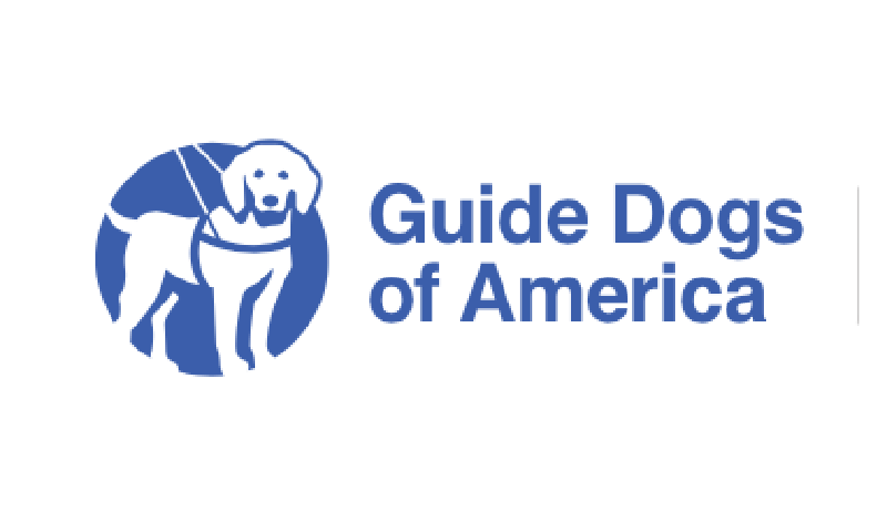 A blue and white logo for guide dogs of america.