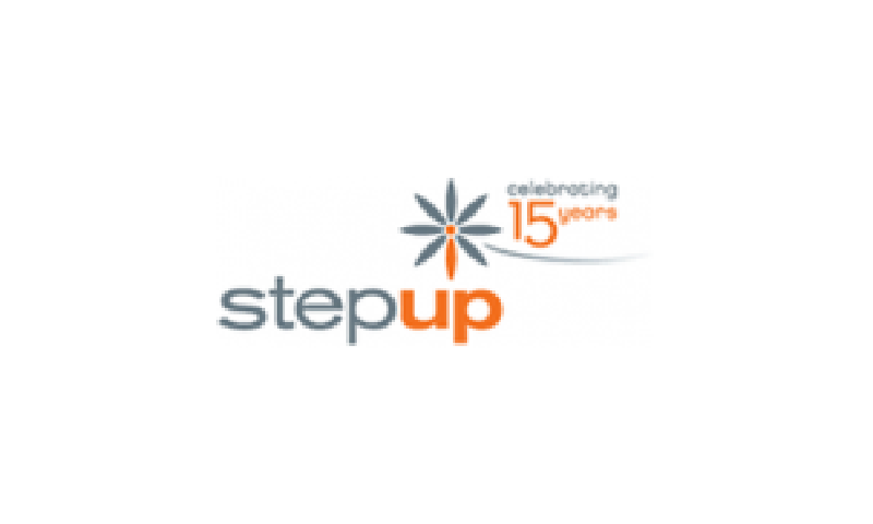 A black and white logo for step up
