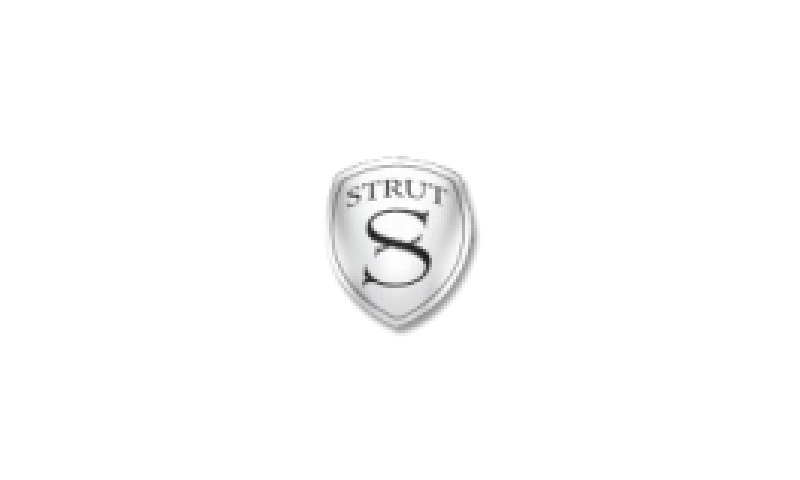 A silver shield with the word strut on it.