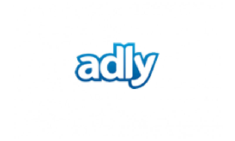 A blue and white logo of adly
