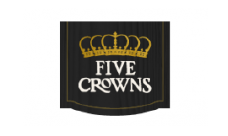 A black and gold logo for five crowns.