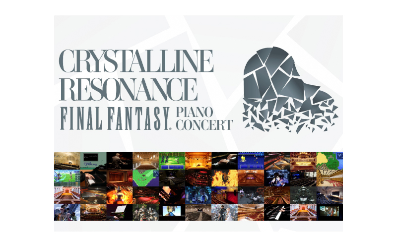 A collage of images with the words crystalline resonance, final fantasy piano concert.