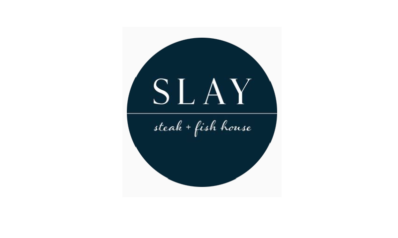 A black and white logo of slay steak & fish house.
