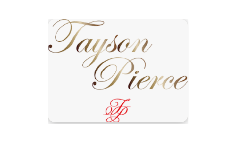 A white and red logo with the words tayson pierce