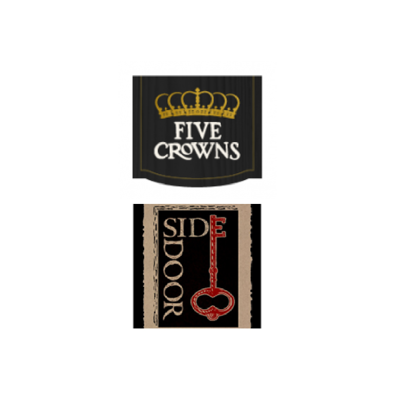 A pair of patches with the words " five crowns " and " side door."
